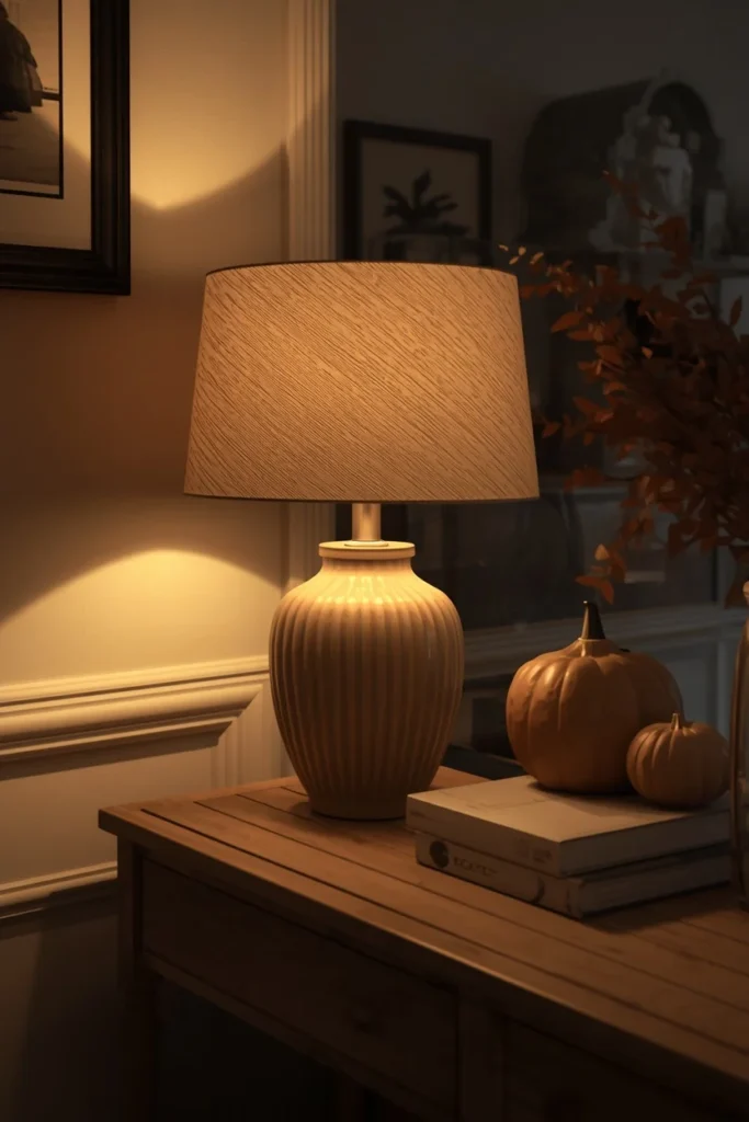 16 Fall Entry Table Decor Ideas That Wow Guests Instantly-Cozy Autumn Entryway Styling 17 entryway console table, featuring a table lamp with a warm cream linen shade and ribbed ceramic base