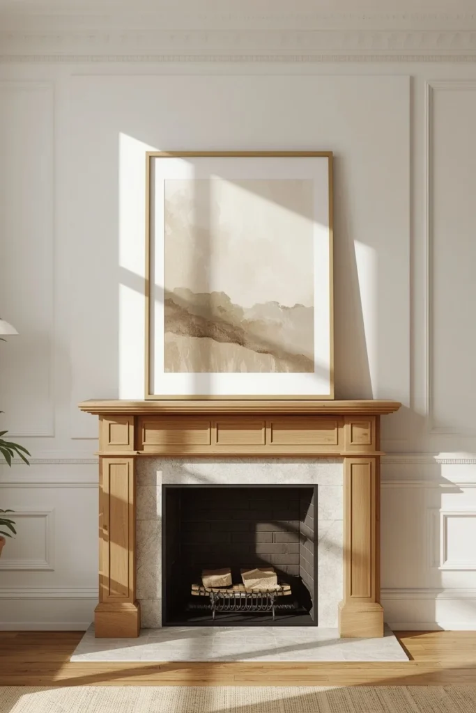 fireplace wall, featuring one large abstract framed art piece