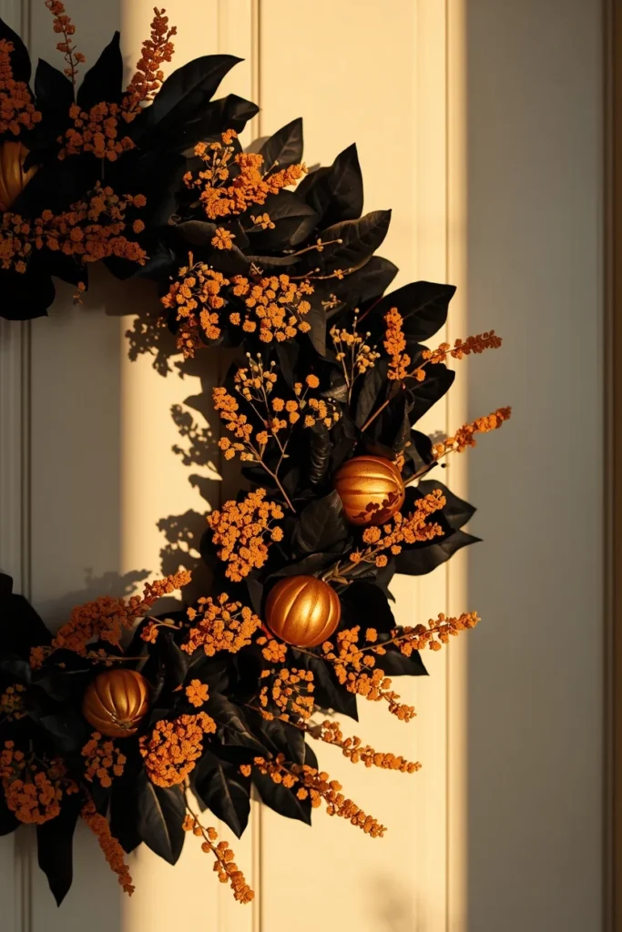  front door, featuring a wreath combining black and burnt orange dried florals 