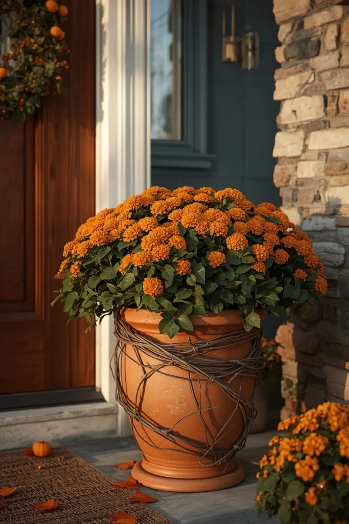 19 Fall Planter Ideas That Bring Instant Curb Appeal 17 front porch, featuring a terracotta planter wrapped in natural grapevine filled with orange mums