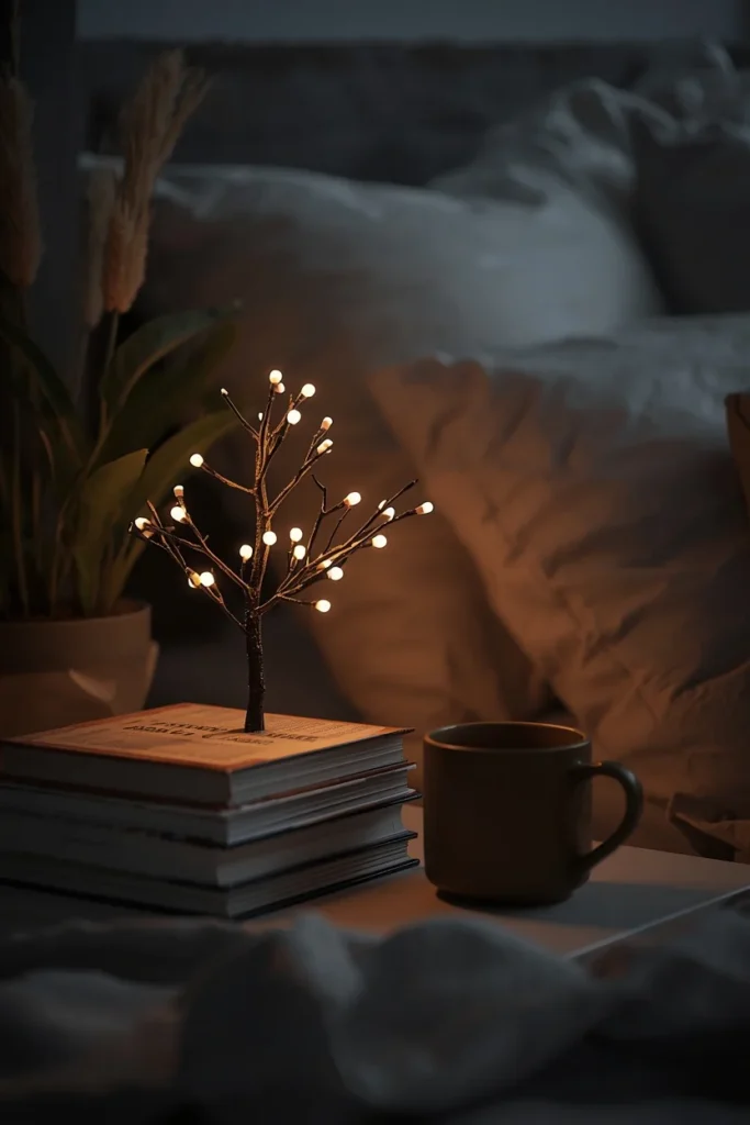 18 Fall Tree Ideas to Decorate Your Home Like a Magazine 17 bedroom nightstand, featuring a small battery-lit fall branch tree glowing warm white