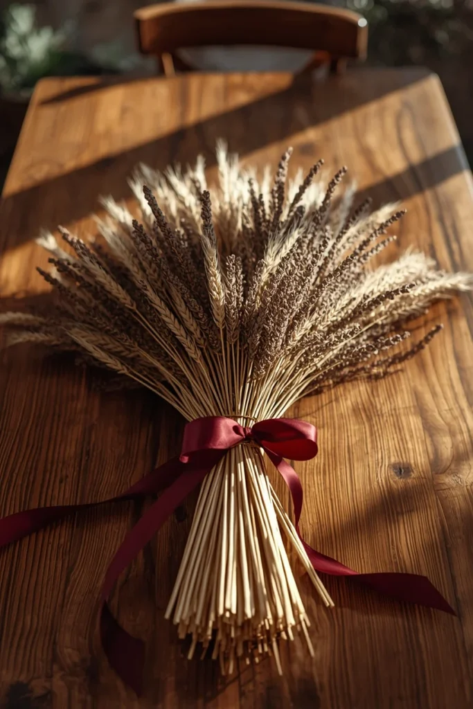 centerpiece, featuring a bundled sheaf of dried wheat and dark dried flowers 