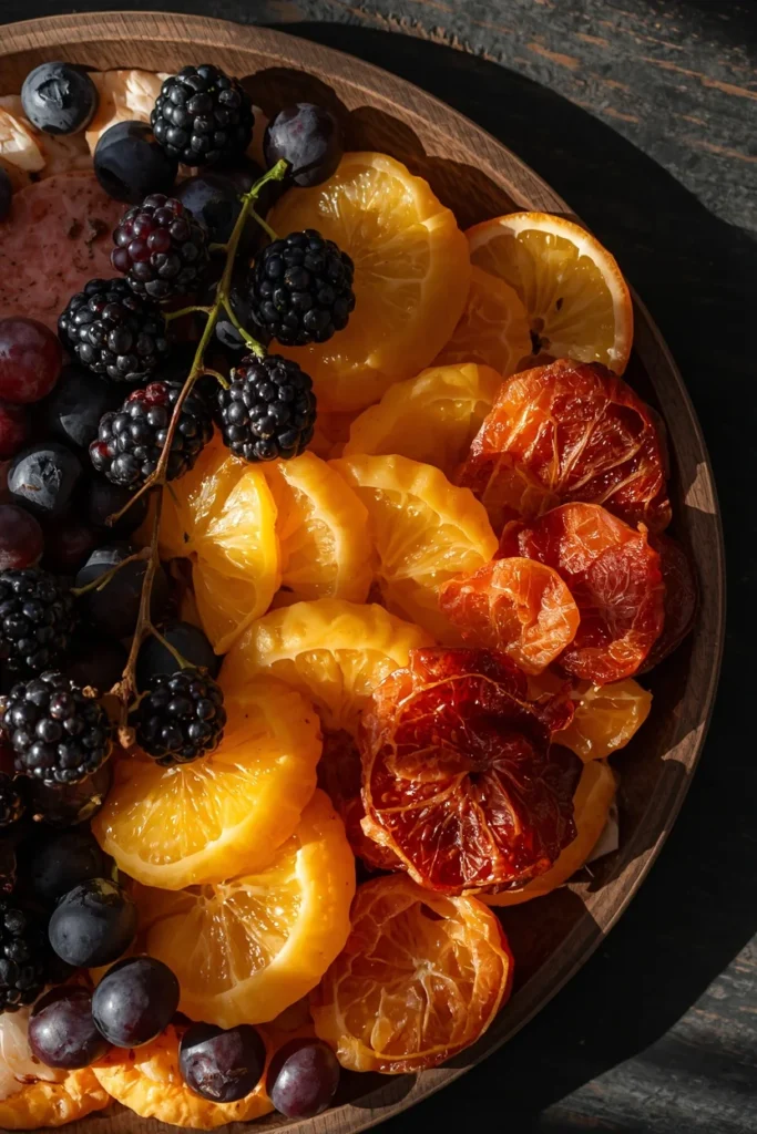  charcuterie board detail, featuring a color-blocked fruit section with blackberries and black grapes