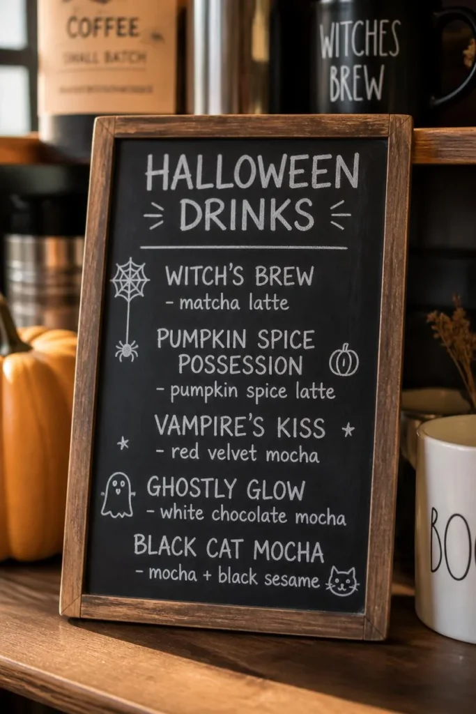 small chalkboard sign propped on a coffee bar shelf, featuring handwritten white chalk text listing 