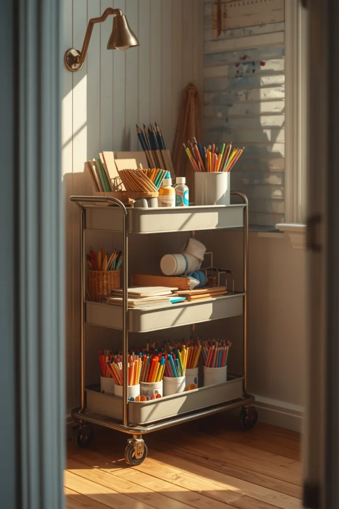  homeschool room, featuring a multi-tiered rolling art supply cart 