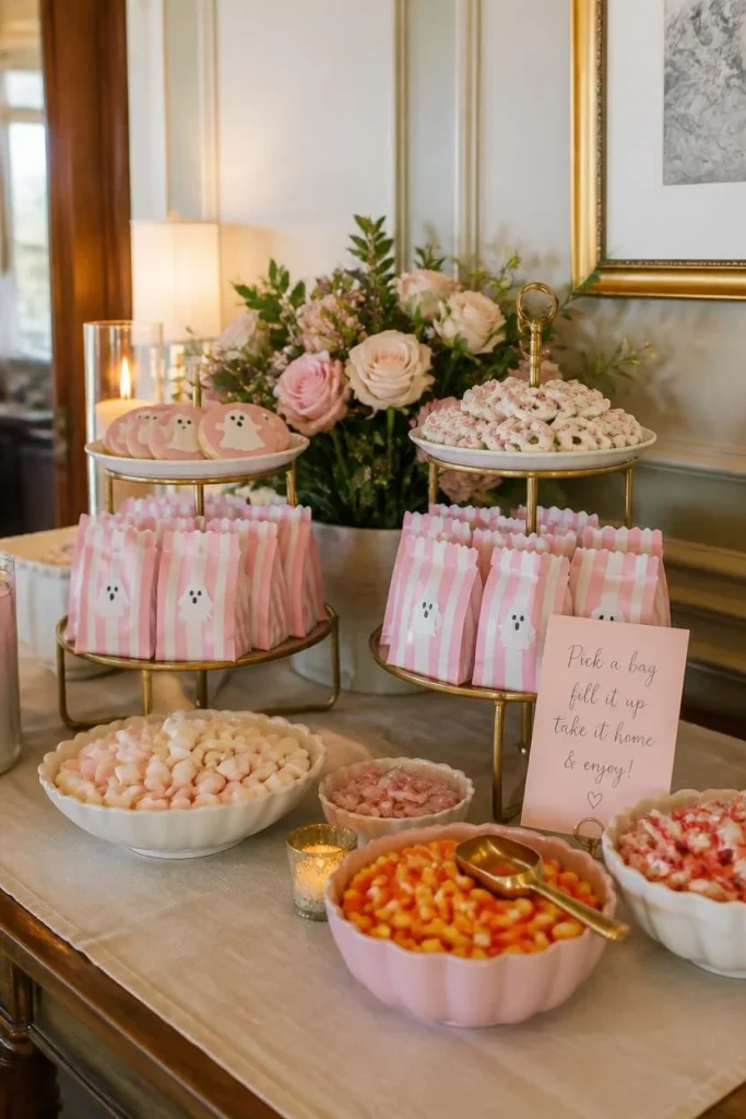 dessert table, featuring tiered cake stands with pastel pink and white striped candy bags