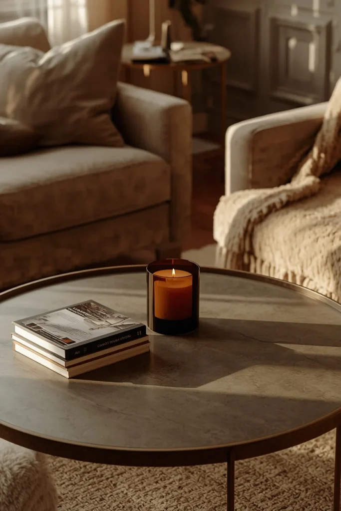  living room, featuring a single large amber glass candle