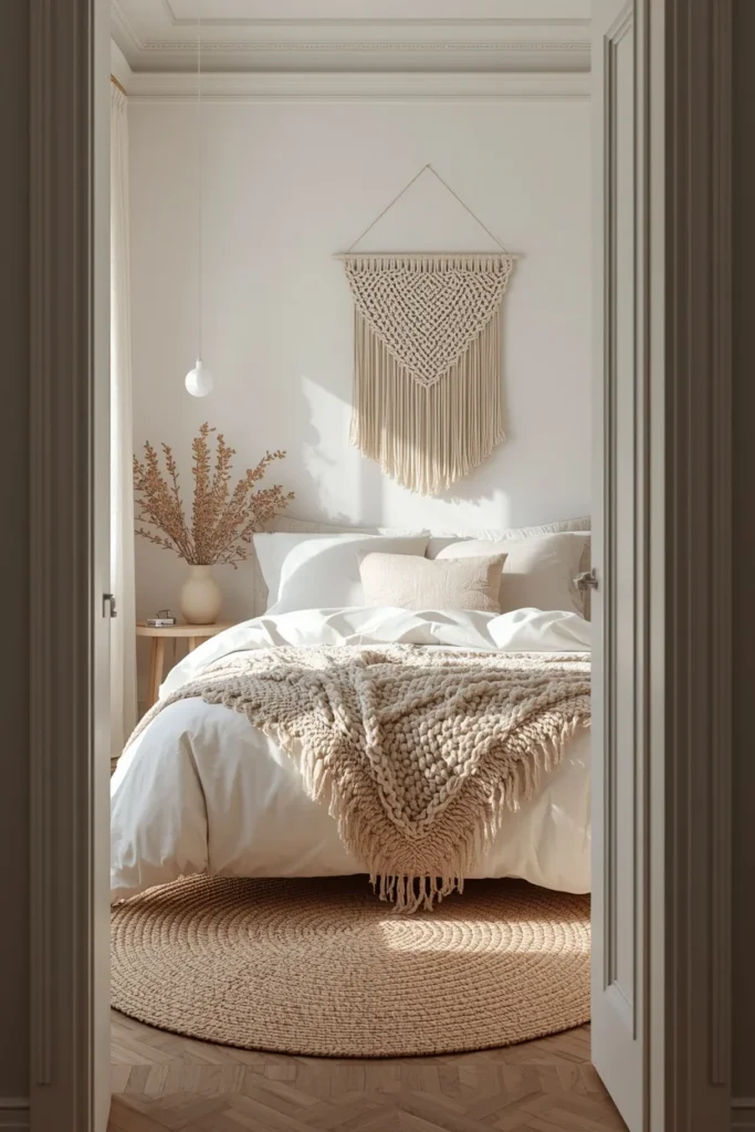 small bedroom, featuring layered neutral textures including linen bedding, a chunky knit