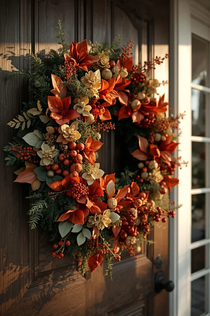  front door wreath wide shot, featuring a full, layered wreath
