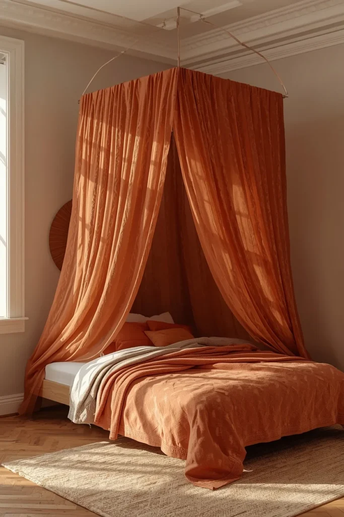 23 Afrobohemian Bedroom Ideas for Warm, Earthy, Soul-Filled Nights 18 bedroom, featuring a rust-colored batik fabric canopy draped