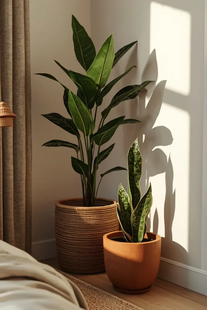  bedroom corner, featuring a tall monstera plant in a woven rattan planter beside a smaller snake plant