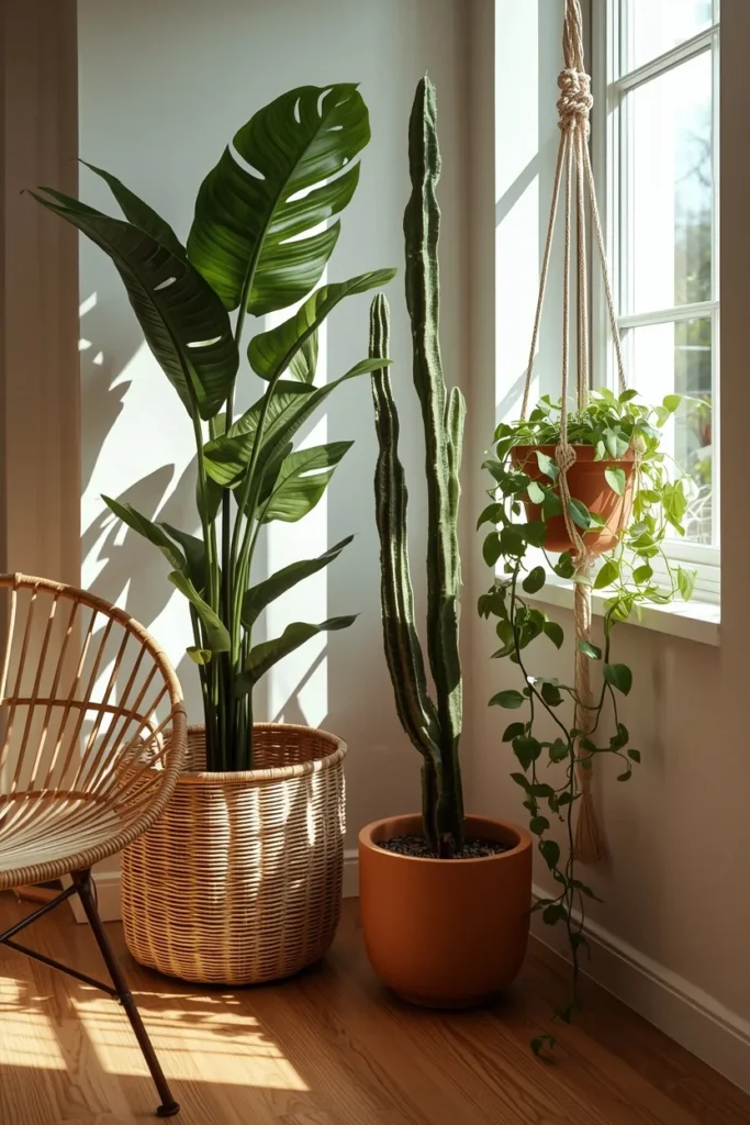  wide angle room corner shot, featuring a tall fiddle leaf fig in a woven basket planter