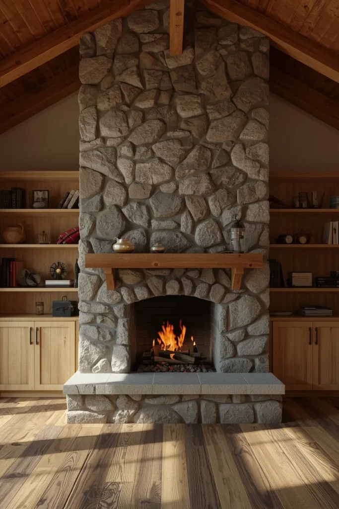  barndominium living room, featuring a floor-to-ceiling rough-cut stone fireplace