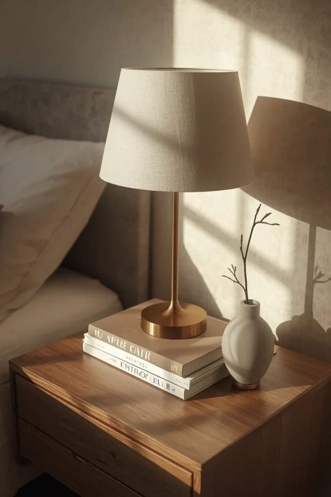 22 Beautiful Bedroom Ideas That Turn Your Room Into a Personal Sanctuary 18 bedroom nightstand, featuring a simple brass lamp,