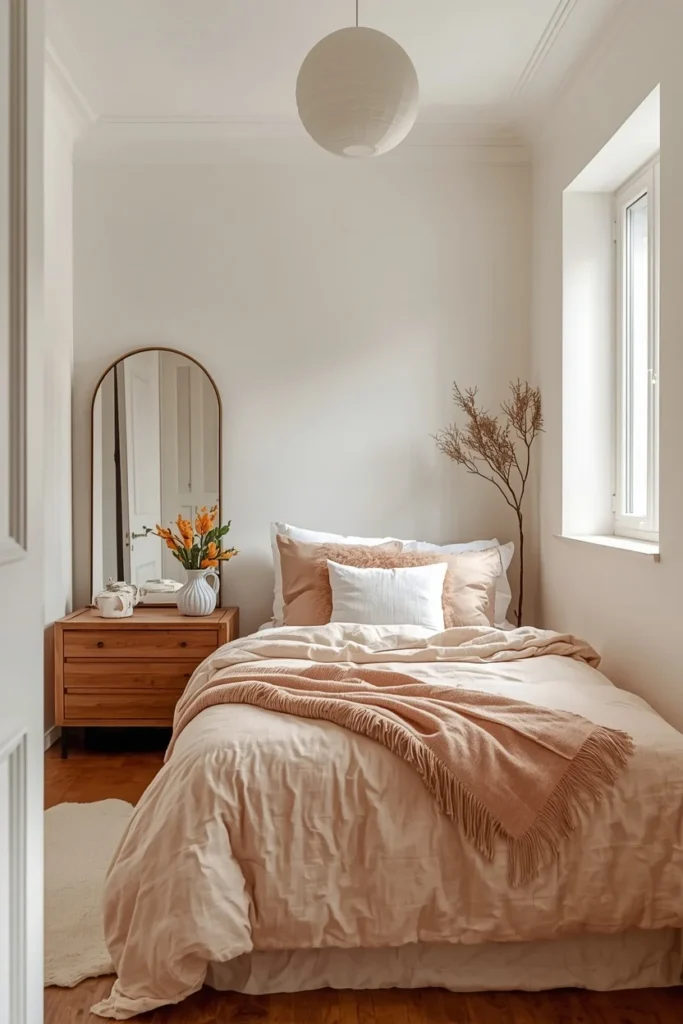21 Bedroom Color Schemes That Make Your Room Feel Like a Boutique Hotel 18 Small bedroom with warm white walls, pale peach bedding and cushions