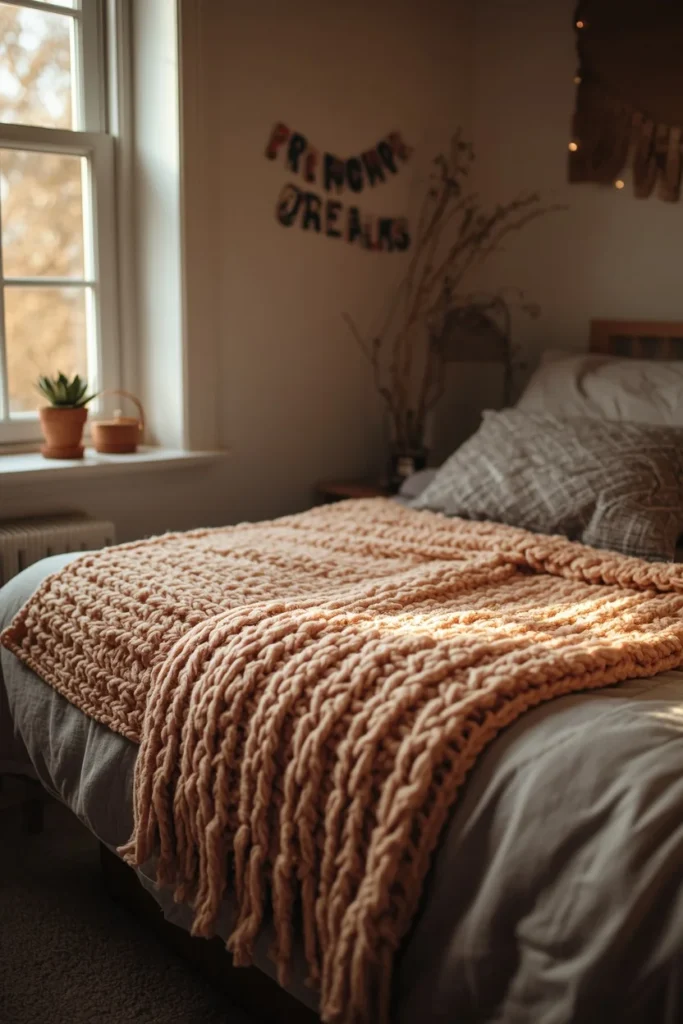 dorm room, featuring a chunky knit throw blanket