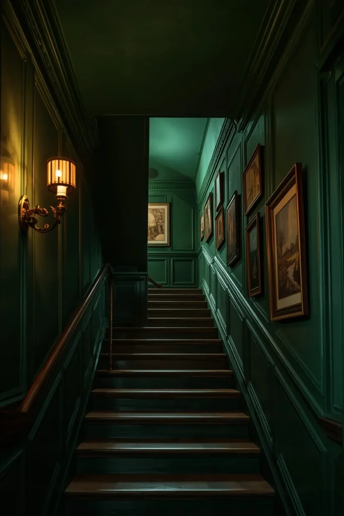  staircase hallway, featuring a deep forest green ceiling following the angle of the stairs,