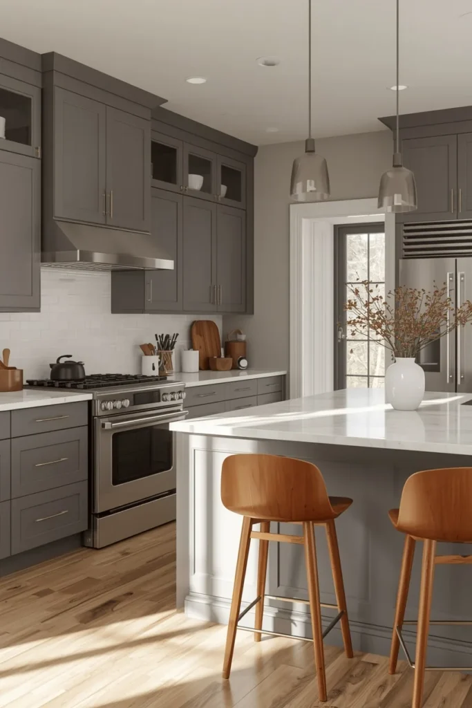  kitchen, featuring pewter gray cabinets, walls, and trim, stainless steel appliances and hardware