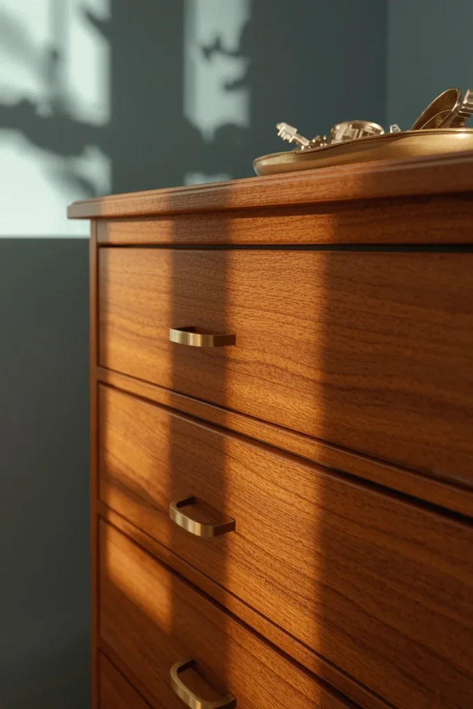 dresser detail shot, featuring brass drawer pulls on a wood dresser against a pale blue wall,