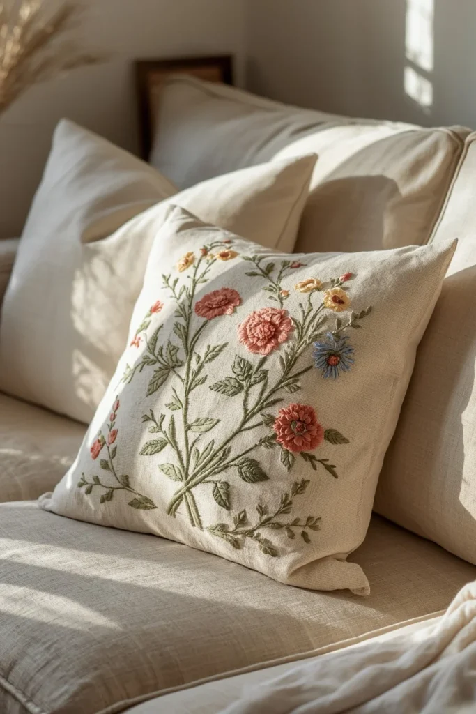 19 Cottagecore Living Room Ideas That Feel Like a Storybook Come to Life 18 cottagecore living room, featuring a hand-embroidered floral throw pillow
