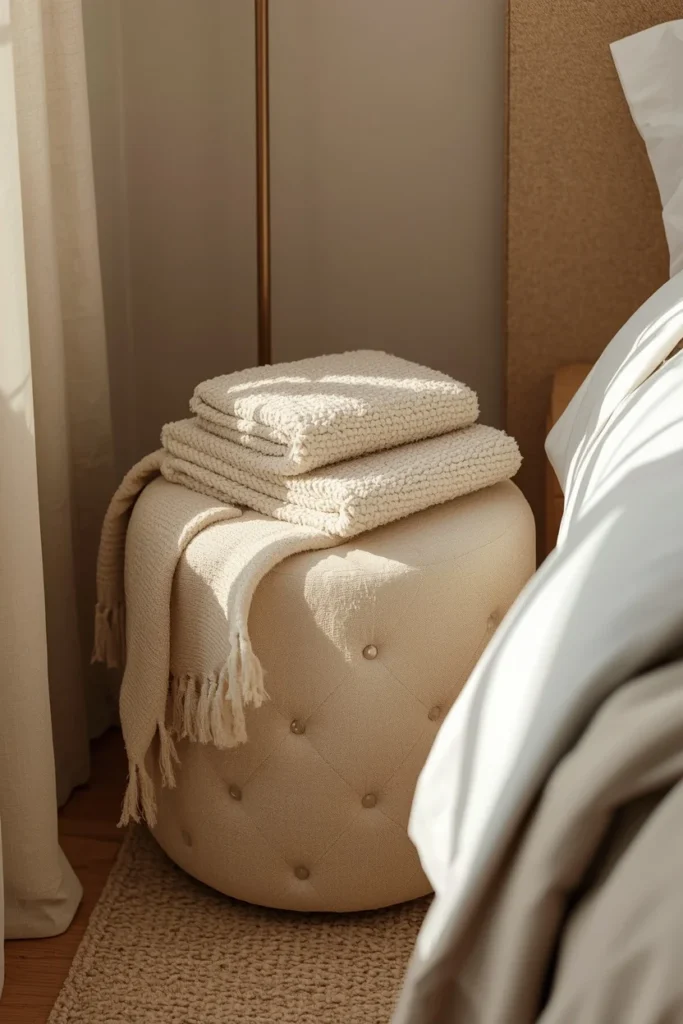 24 Cozy Bedroom Ideas That Make You Never Want to Leave Your Bed 18 bedroom corner close-up, featuring a small cream bouclé stool