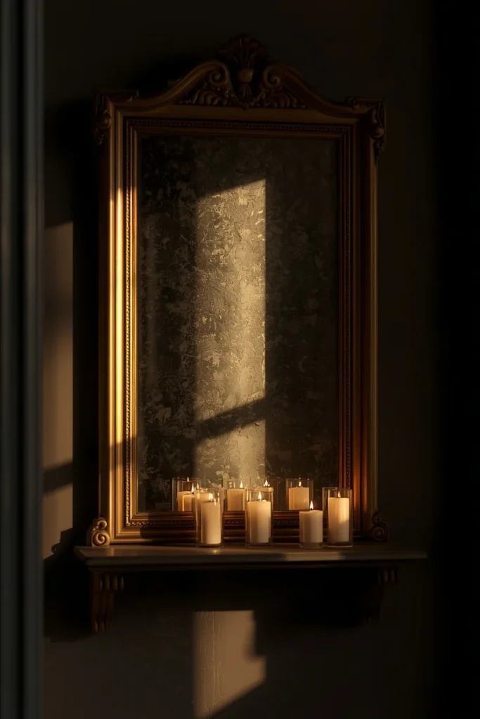 dim hallway, featuring an aged antique mirror with a tarnished foxed surface