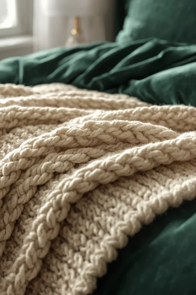 featuring a chunky cream hand-knit wool throw draped loosely over the foot of a bed 