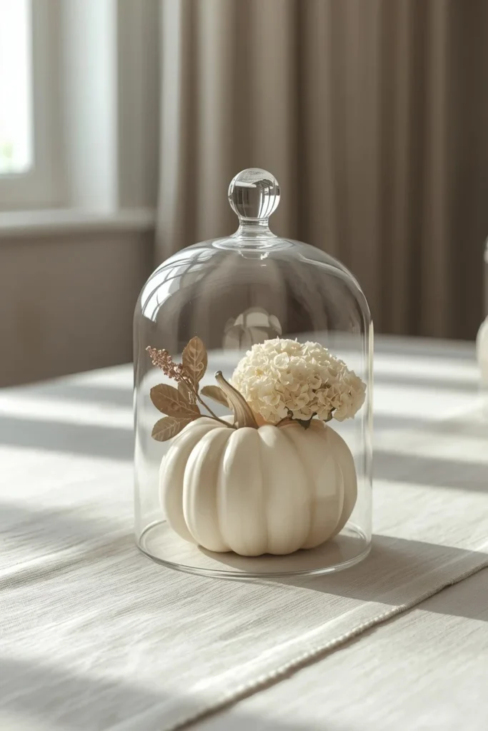 21 Fall Centerpiece Ideas That Take Minutes to Put Together (Easy + Budget-Friendly) 18 centerpiece close-up, featuring a glass cloche covering white baby boo pumpkins