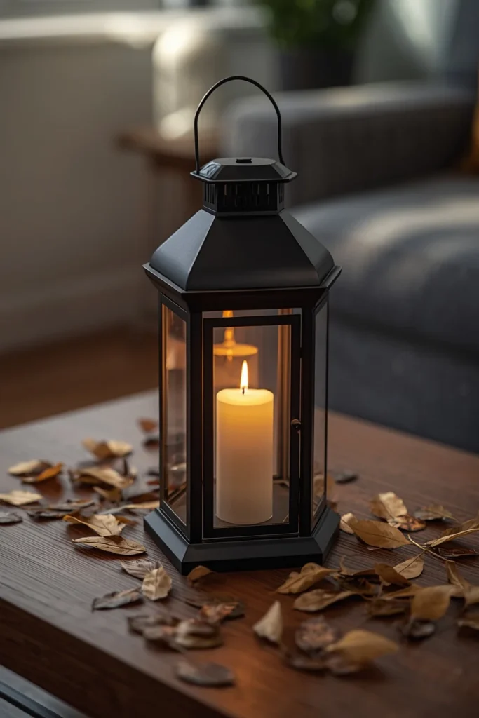 20 Fall Coffee Table Decor Ideas to Steal This Season 18 living room, featuring a matte black metal lantern with a flameless LED candle