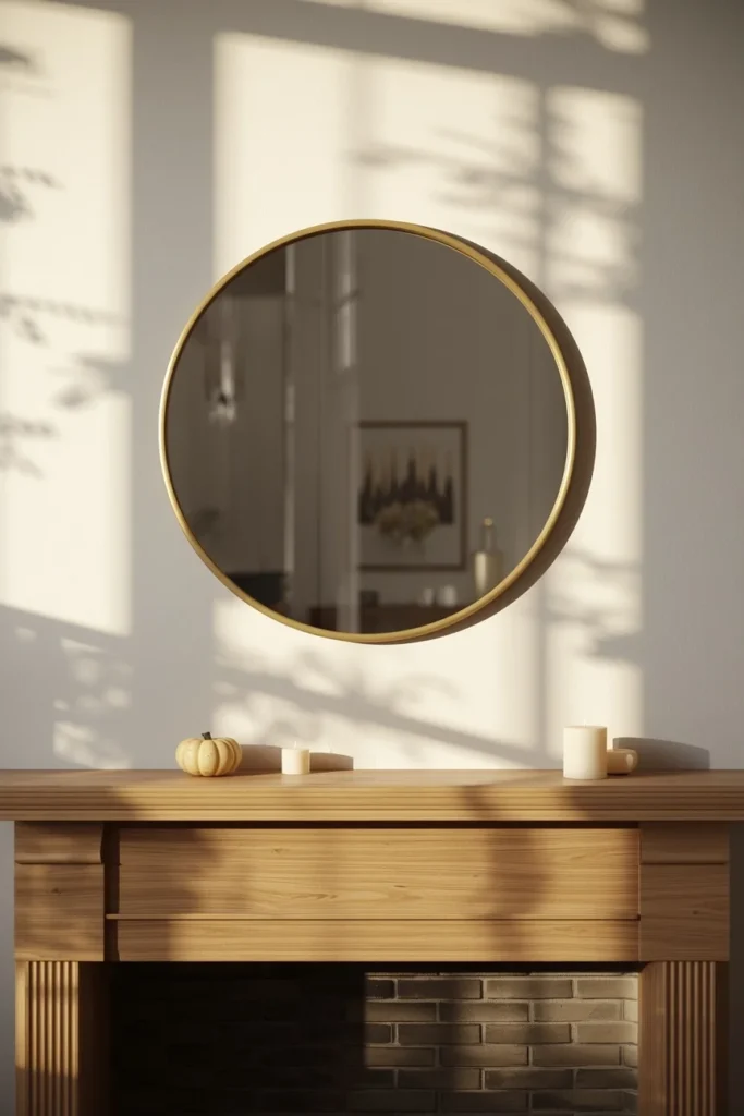  fireplace mantel, featuring a round brass-framed mirror 