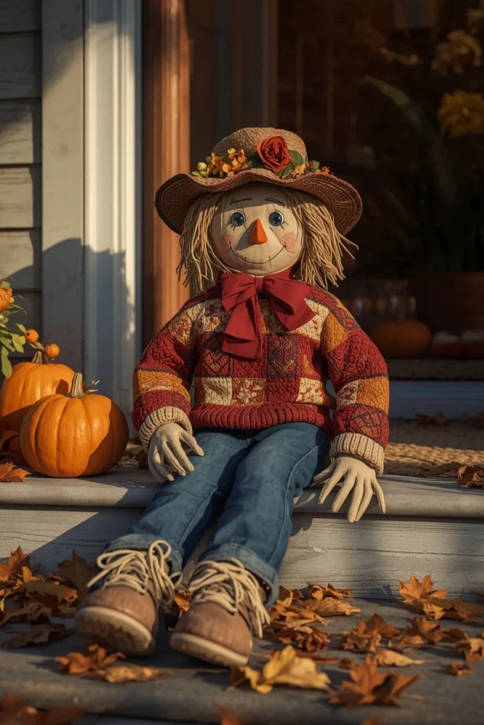  front porch step, featuring a seated scarecrow figure wearing a patchwork sweater 