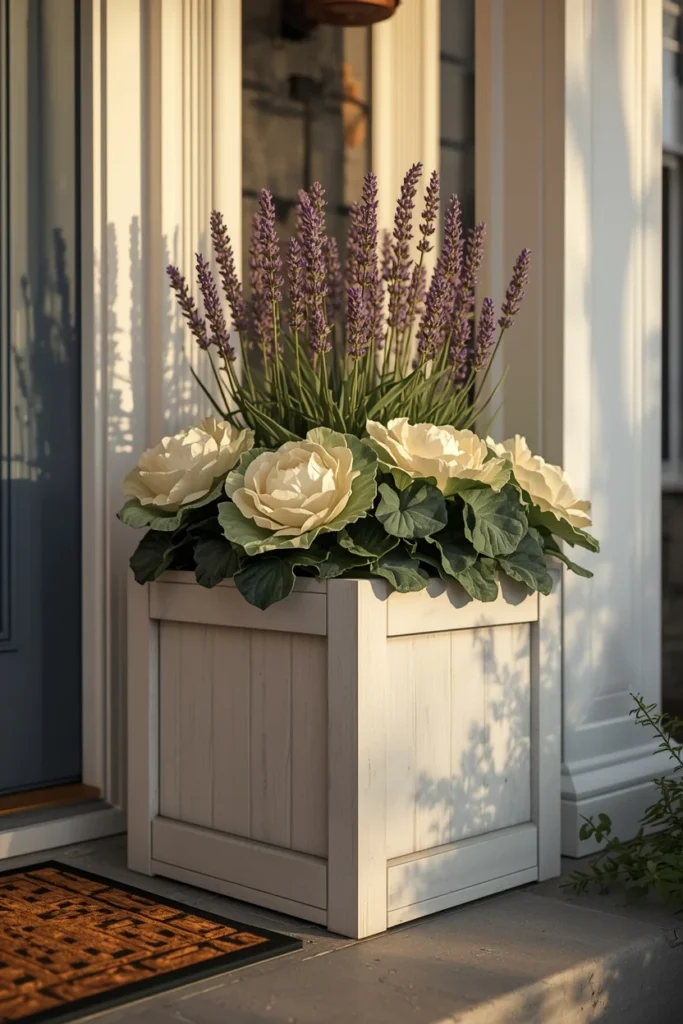 19 Fall Planter Ideas That Bring Instant Curb Appeal 18 front porch, featuring a shallow wide planter filled with ruffled lavender and cream ornamental cabbage heads,