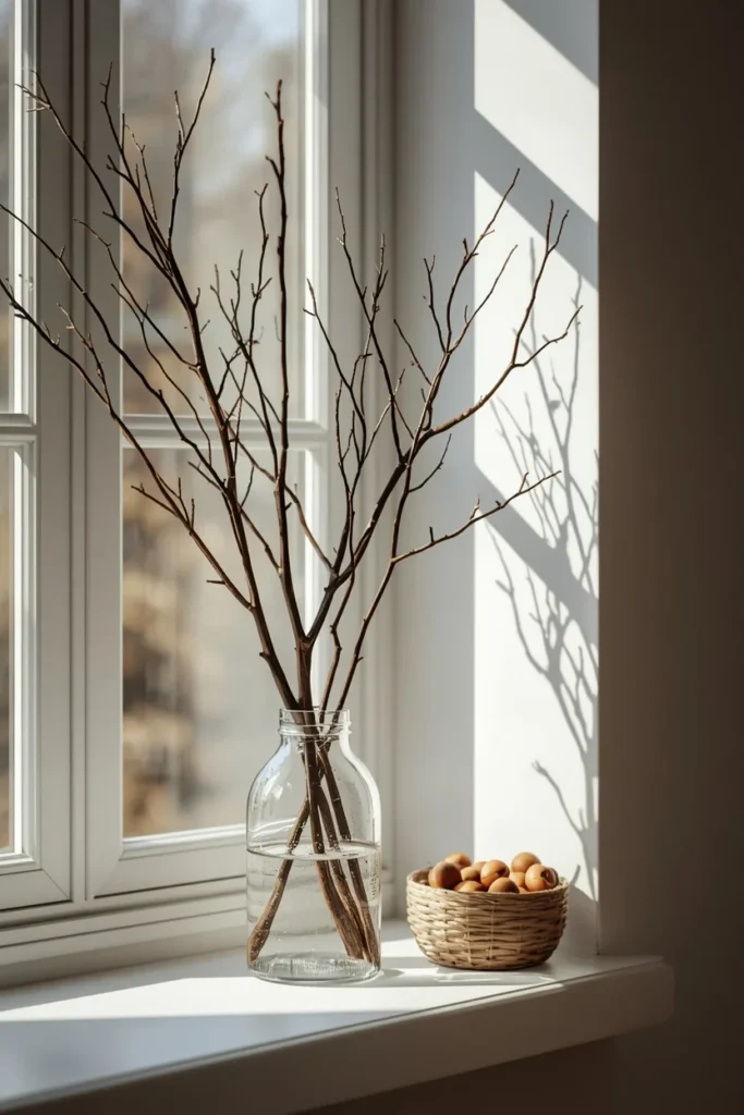 18 Fall Tree Ideas to Decorate Your Home Like a Magazine 18 kitchen windowsill, featuring foraged bare tree branches in a simple glass jar,