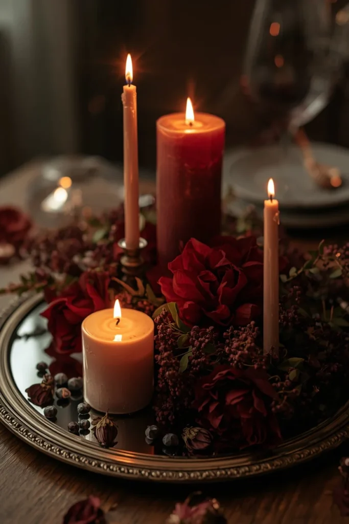  centerpiece, featuring lit candles and dark burgundy florals arranged 