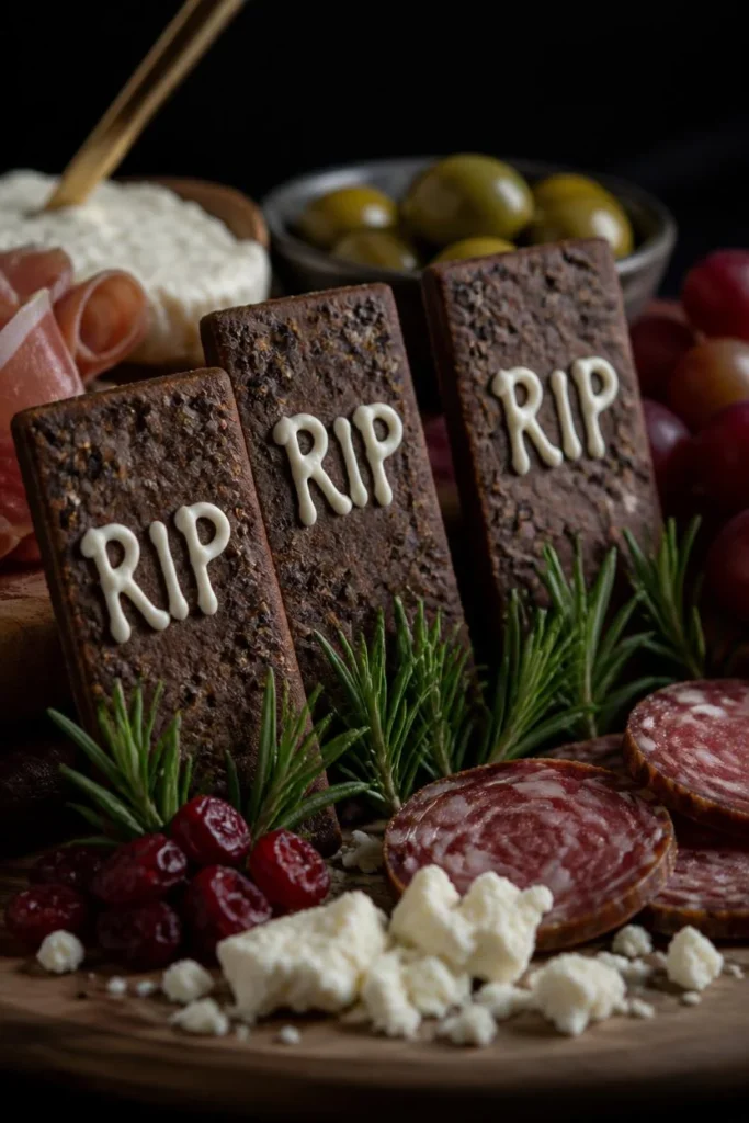  charcuterie board detail, featuring rectangular dark crackers propped upright like tombstones 
