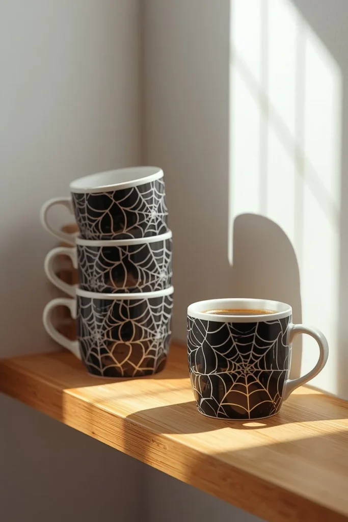 styled mug shot, featuring a matching set of black and white spiderweb-print ceramic mugs
