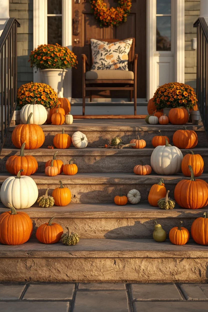 front porch steps decorated for Halloween, featuring an assortment of orange, white, and green pumpkins