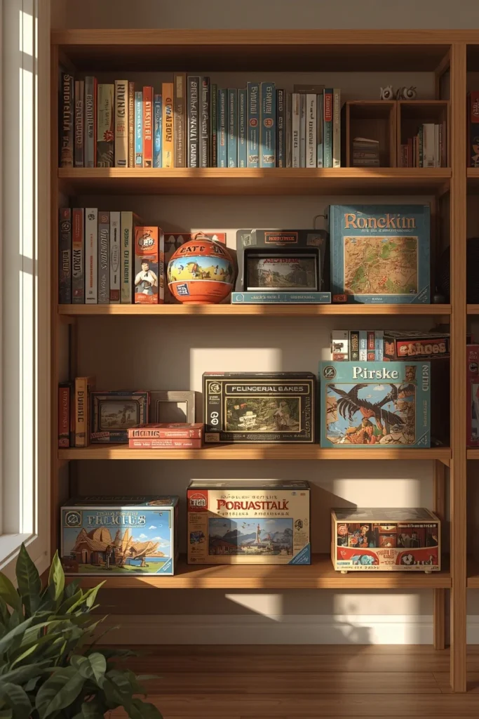 homeschool room, featuring open shelving displaying board games 