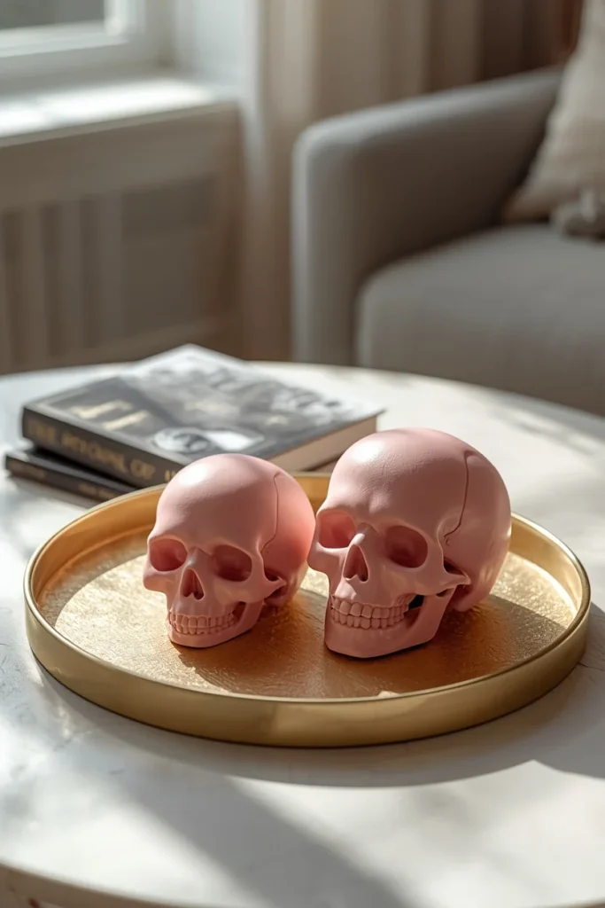  coffee table styling, featuring two matte pink ceramic skulls