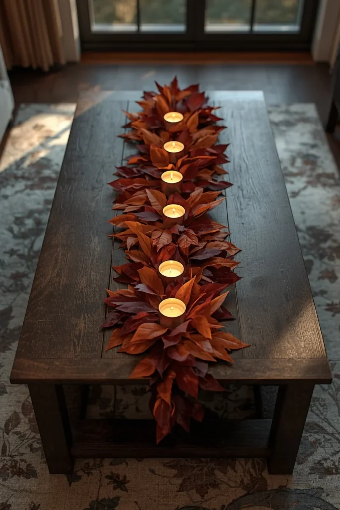 17 Rectangle Coffee Table Fall Decor Ideas That Just Work 18 living room, featuring a rectangular dark wood coffee table with a faux fall leaf