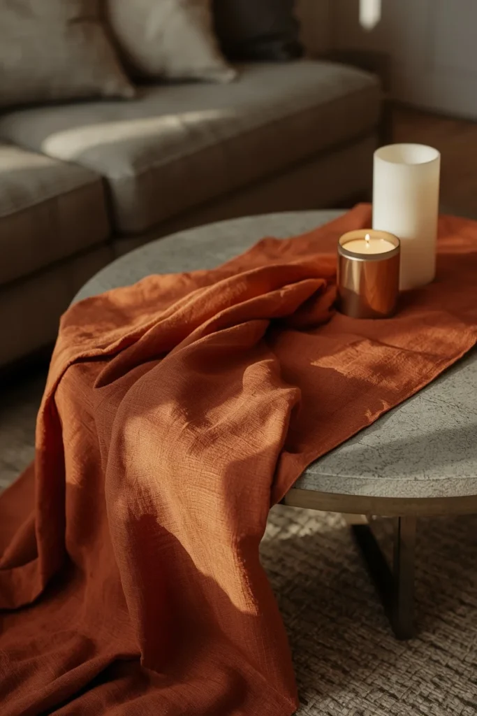  living room, featuring a rust-toned linen runner draped asymmetrically