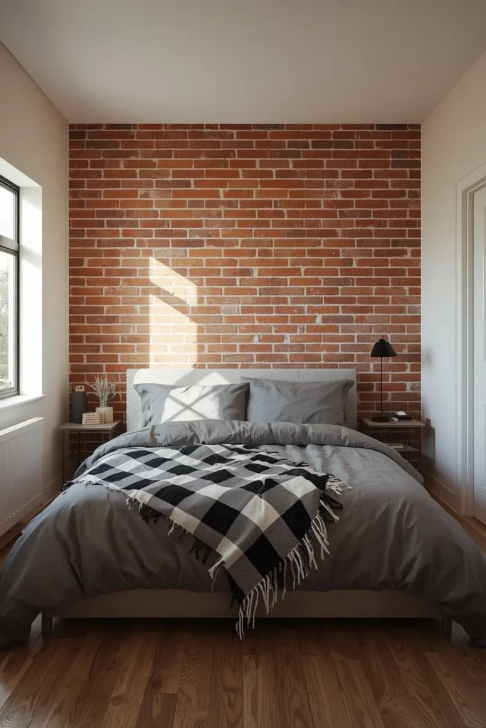 small bedroom, featuring a raw exposed brick accent wall behind the bed, a single bold black and white checkered throw draped 