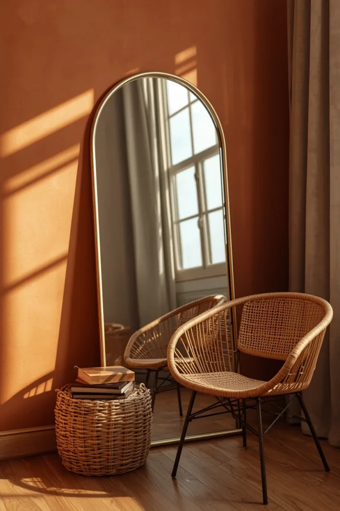 23 Afrobohemian Bedroom Ideas for Warm, Earthy, Soul-Filled Nights 19 bedroom corner, featuring an oversized arched vintage brass mirror