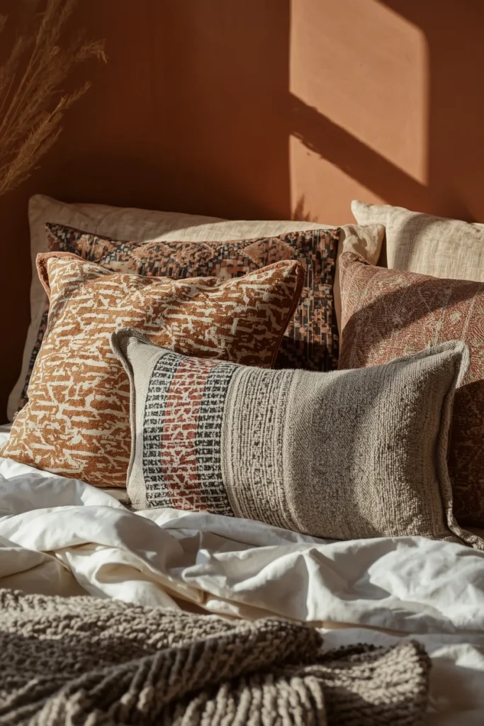 bed styling detail, featuring a layered mix of tribal-motif and mudcloth pattern throw pillows