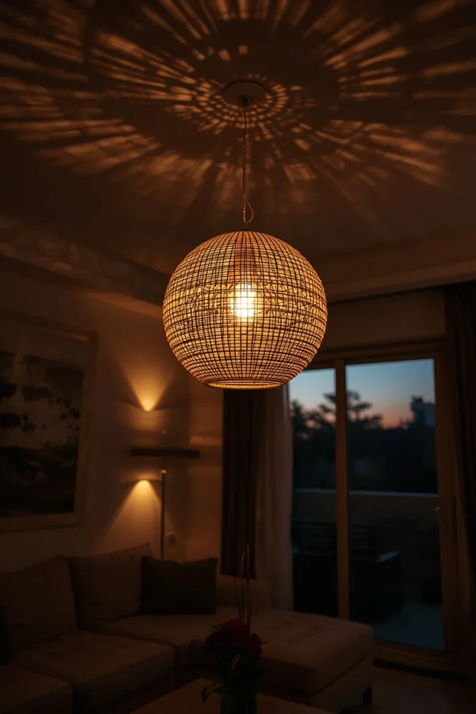 evening mood shot, featuring a woven rattan pendant light fixture hanging