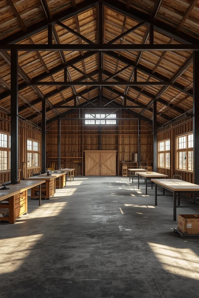 barndominium workshop space, featuring exposed steel framing,