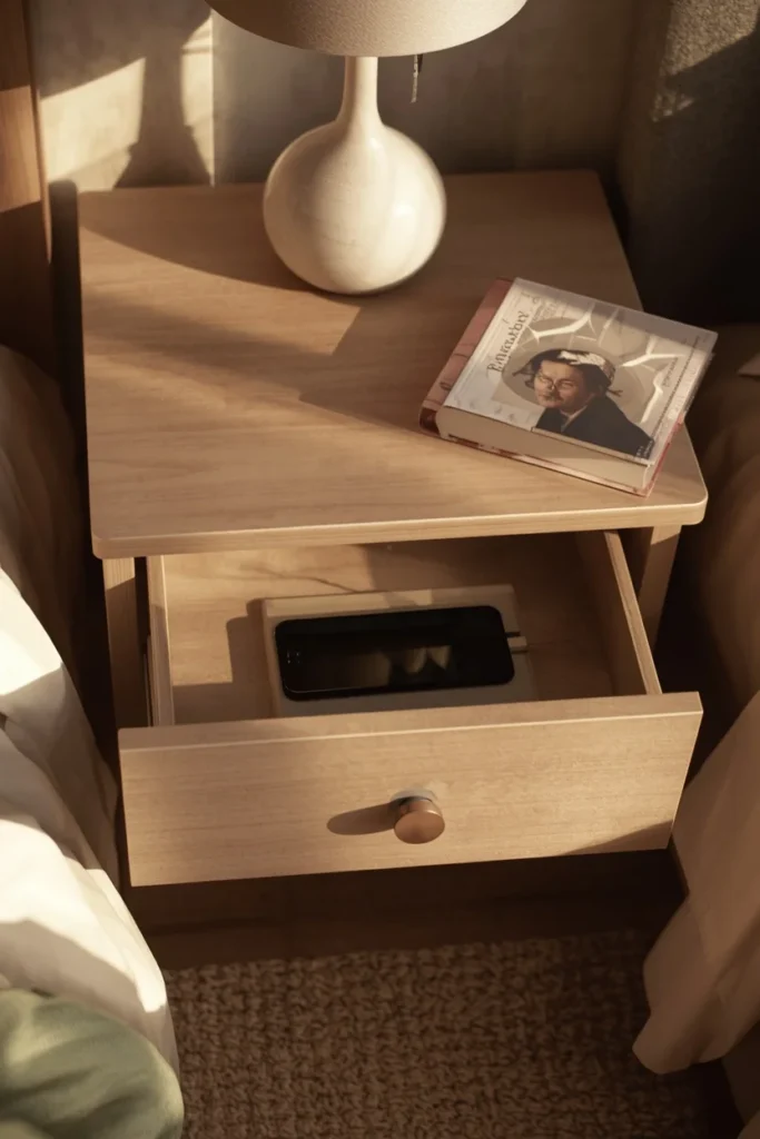 22 Beautiful Bedroom Ideas That Turn Your Room Into a Personal Sanctuary 19 bedroom nightstand with a partially open drawer