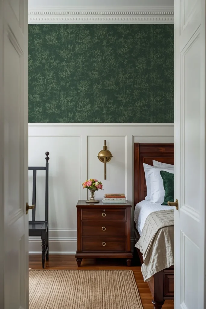 21 Bedroom Color Schemes That Make Your Room Feel Like a Boutique Hotel 19 Bedroom with forest green wallpaper above crisp white wainscoting paneling,