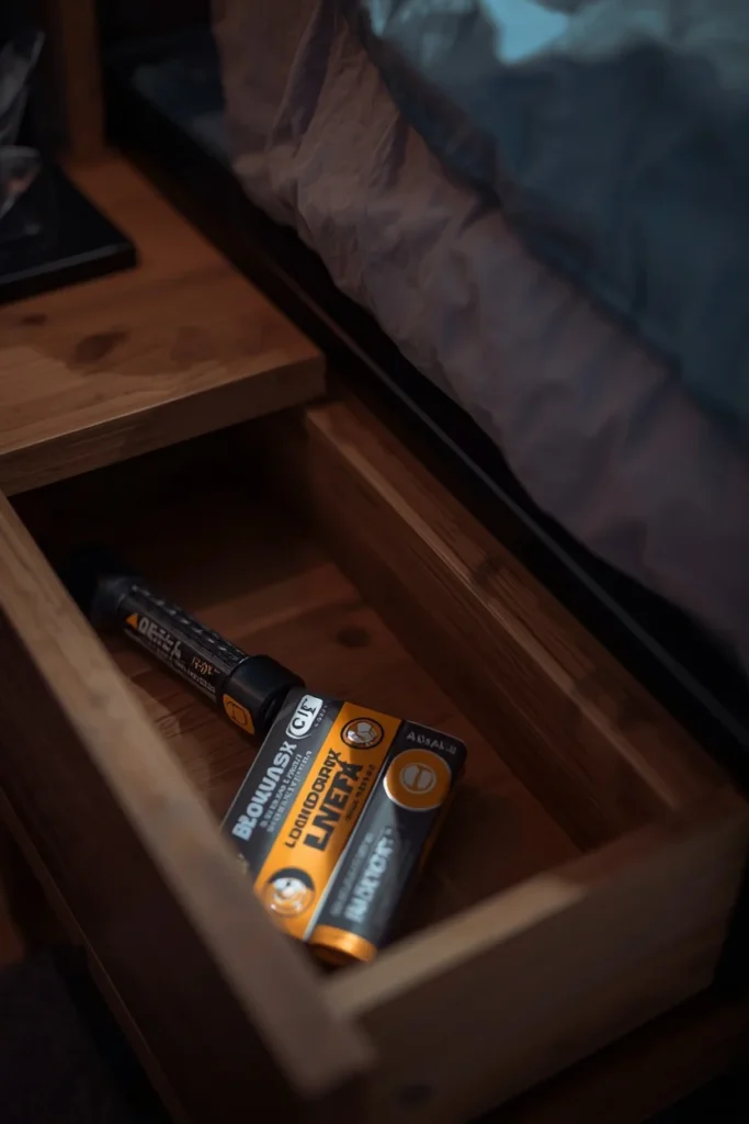 dorm room close-up, featuring a small flashlight and a pack of AA batteries