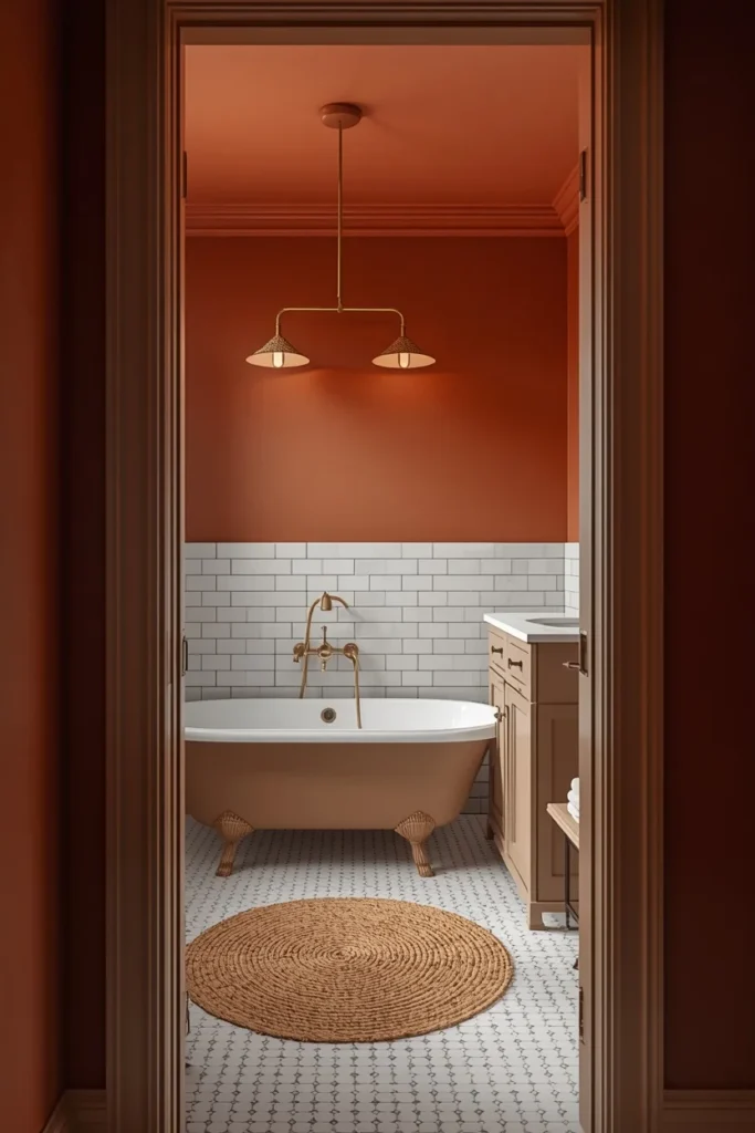  bathroom, featuring a warm terracotta ceiling and walls painted with moisture-resistant paint,
